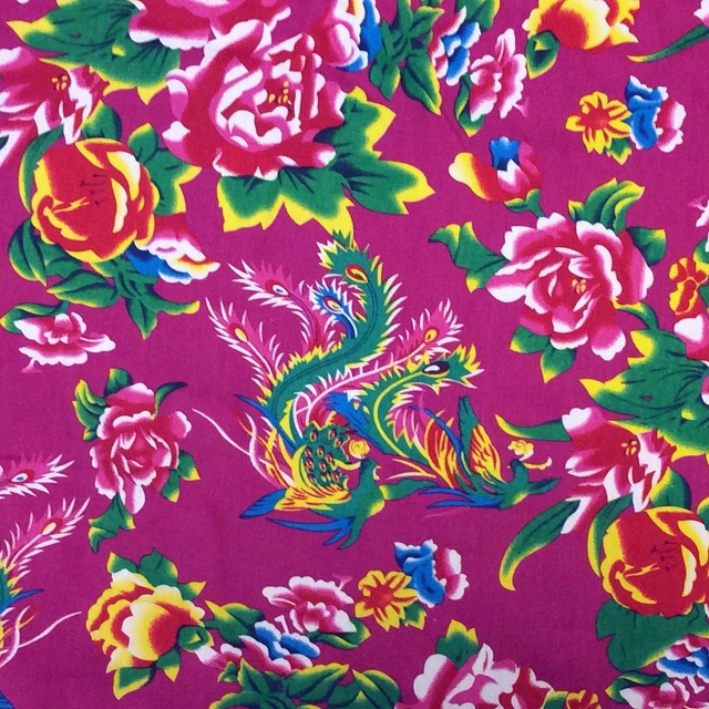 チャイナ花布/牡丹鳳凰/W幅/ローズピンク/再入荷