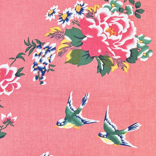 80s風レトロチャイナ花布/花鳥図/珊瑚ピンク/ダブル幅/再入荷/50cm単位